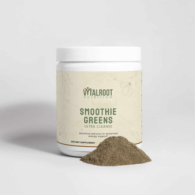 Vital Roots Smoothie Greens supplement jar with herbal green powder displayed for energy and detox