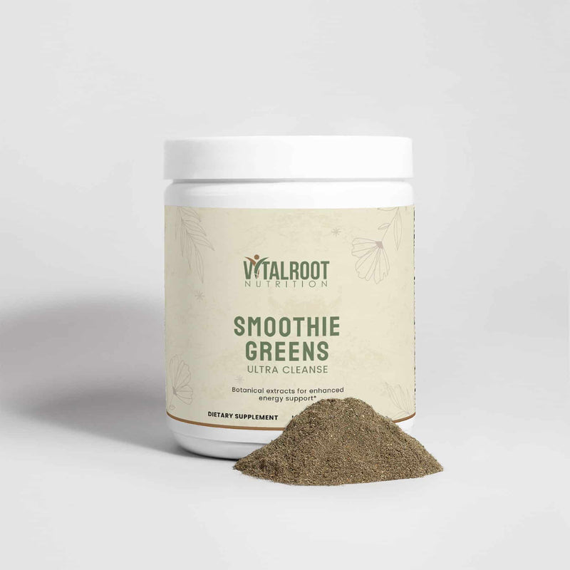 Vital Roots Smoothie Greens supplement jar with herbal green powder displayed for energy and detox