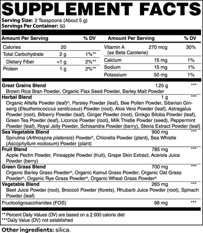 Supplement facts of Vital Roots Smoothie Greens with blends of grains, herbs, sea vegetables, fruits, and greens