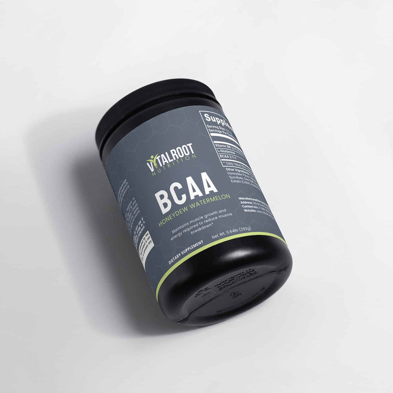 Side angle view of VitalRoot Nutrition BCAA Honeydew Watermelon supplement container with visible product label and branding.