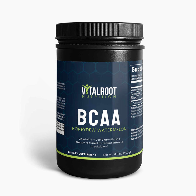 VitalRoot Nutrition BCAA Honeydew Watermelon supplement bottle with label showing the product name, flavor, and supplement details.
