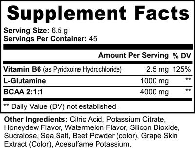 Close-up of VitalRoot BCAA Honeydew Watermelon supplement facts label, showing the ingredients and nutritional information.