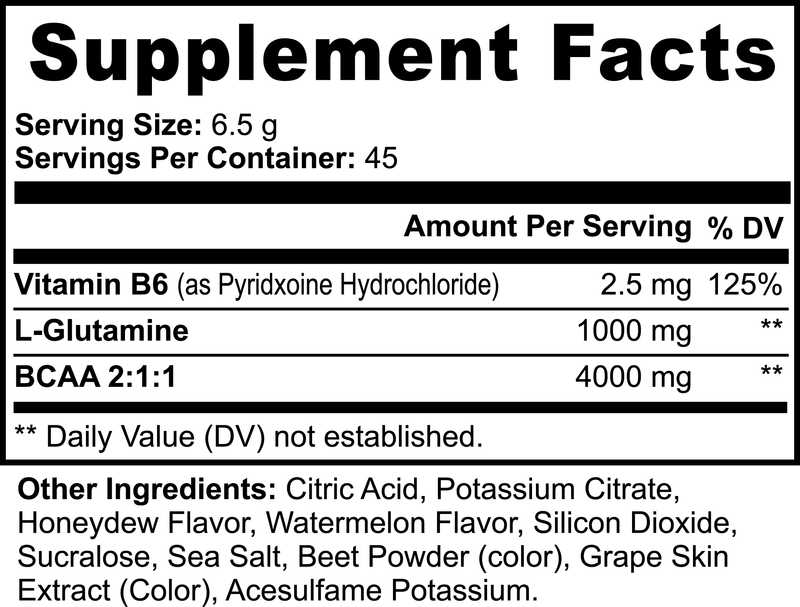 Close-up of VitalRoot BCAA Honeydew Watermelon supplement facts label, showing the ingredients and nutritional information.