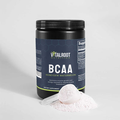 VitalRoot Nutrition BCAA Honeydew Watermelon powder with a scoop on top, highlighting the product’s powder form and serving size.