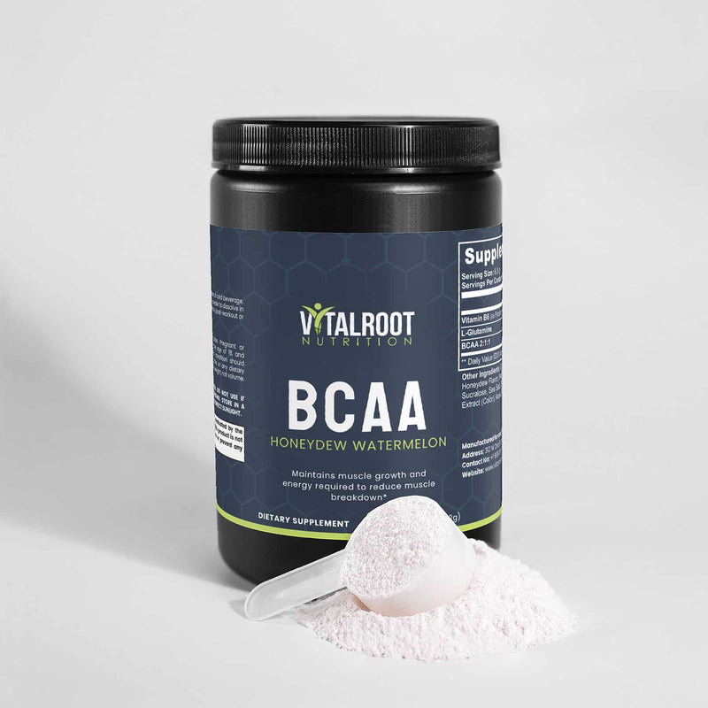 VitalRoot Nutrition BCAA Honeydew Watermelon powder with a scoop on top, highlighting the product’s powder form and serving size.