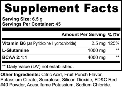 Close up of the Supplement Facts label for VitalRoot BCAA Shock Powder Fruit Punch, displaying ingredients and nutritional information.