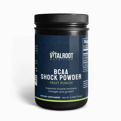 VitalRoot Nutrition BCAA Shock Powder Fruit Punch supplement bottle, showcasing the label with product name and flavor details.