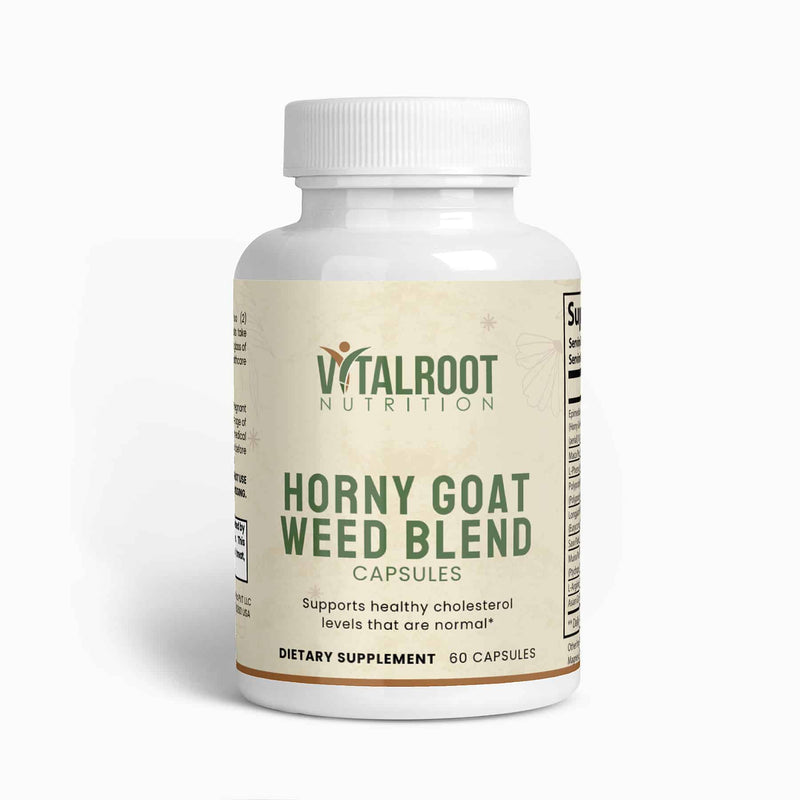 VitalRoot Nutrition Horny Goat Weed Blend capsules, 60 capsules for cholesterol support.