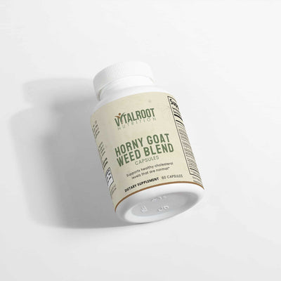 Side view of Horny Goat Weed Blend bottle showing clean label and cholesterol support benefits.